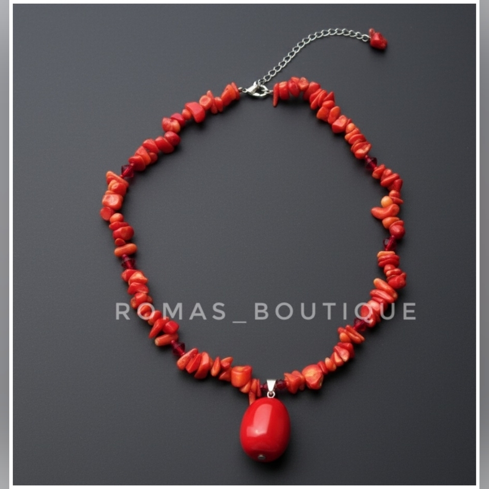 Red Coral Beaded Necklace With 925 Clasp